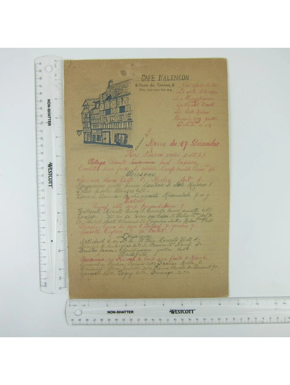Antique 1920s Menu Cafe D'Alencon Montparnasse Paris France Wine Prices Handmade